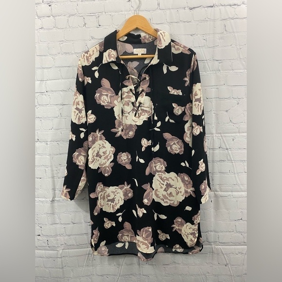 Mud Pie Floral Long-Sleeve Shirt Dress Lace-Up Neckline Womens Size Large - Picture 1 of 9